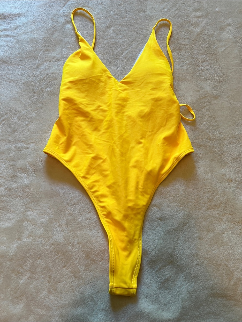 SHEIN Yellow V‑Neck Thong One Piece Swimsuit